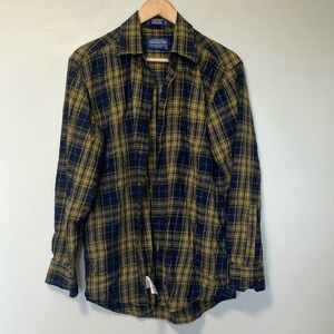 Pendleton Men's Navy and Mustard Plaid Shirt
